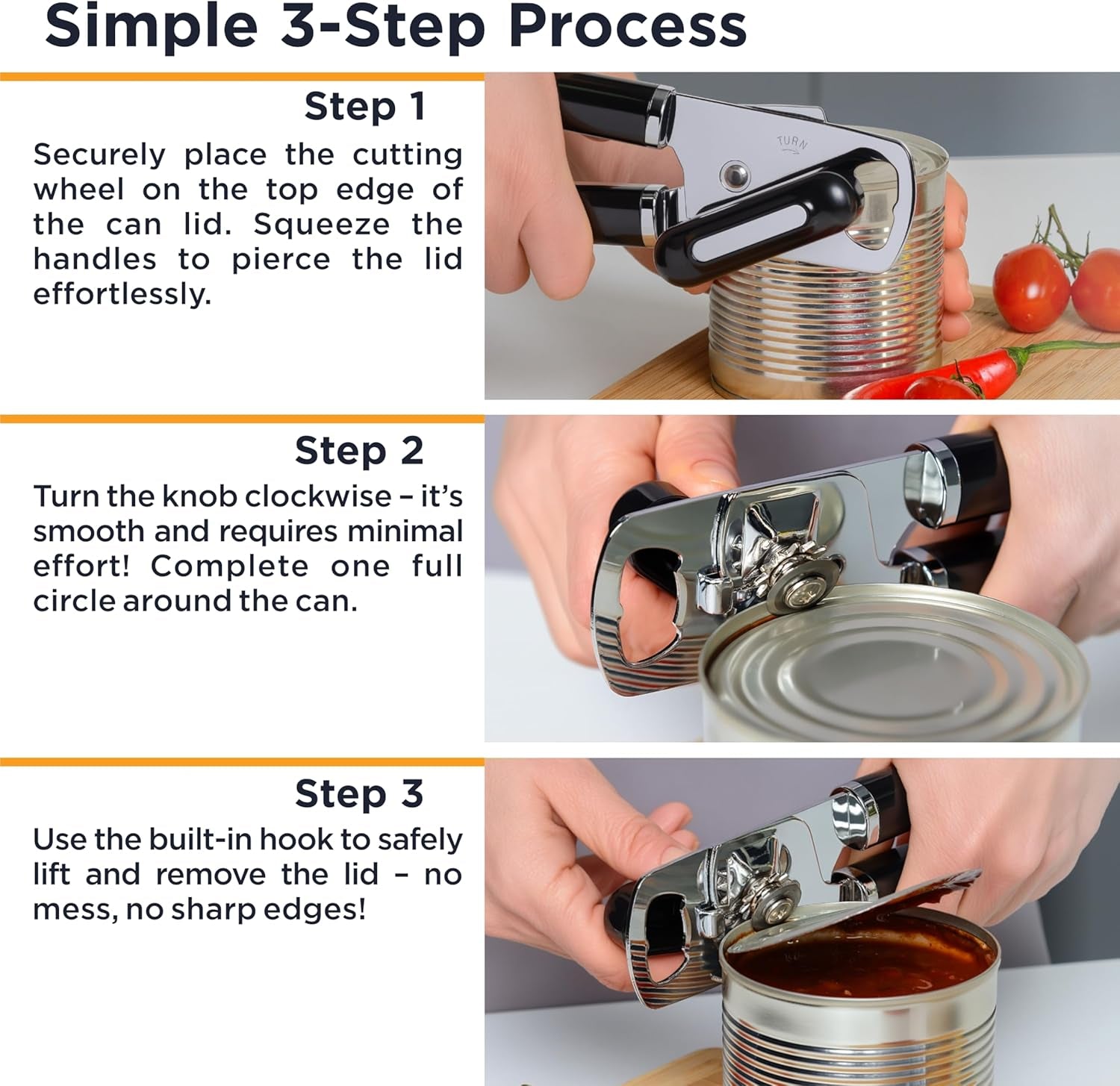 PRO Hand Held Can Opener – Smooth Edge Can Opener Manual & Bottle Opener, Heavy Duty Stainless Steel Can Openers, Effortless Turn Knob, Sharp Blade for Easy Cutting, Non-Slip Ergonomic Handle