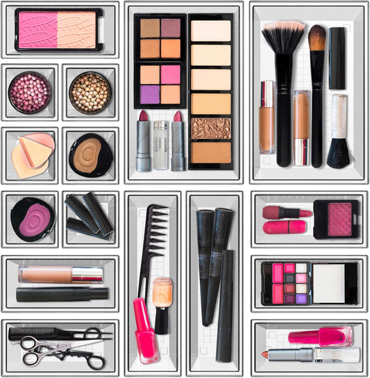 Set of 16 Stackable Non-Slip Acrylic Organizers for Organization and Storage -4 Sizes Cabinet Organizer for Makeup Tray, Kitchen Drawer Organizer, and Desk Drawer Organizer