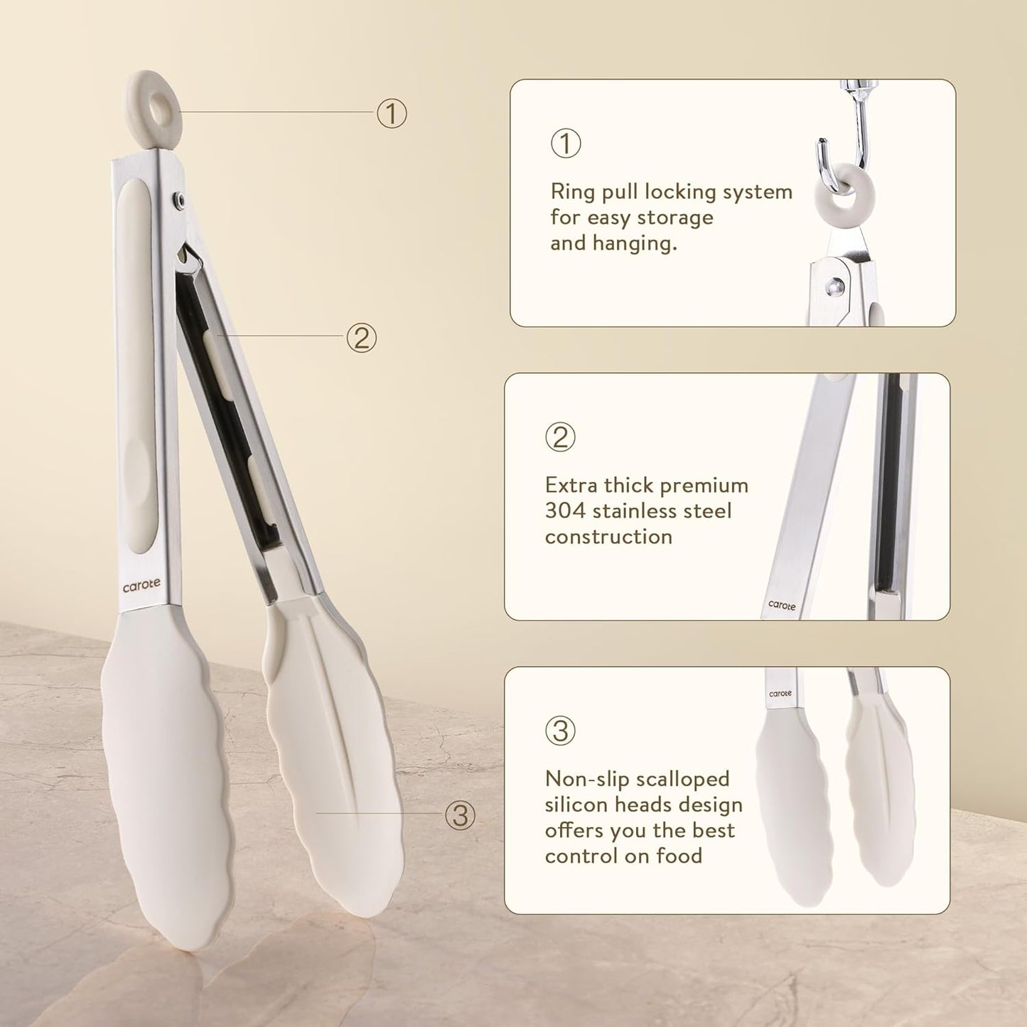 Tongs for Cooking 428ºf Heat Resistant Locking Stainless Steel Kitchen Tongs with Non Scratch Silicone Tips, Perfect for Nonstick Cookware, BBQ Tongs Set of 3 (7"+9"+12")