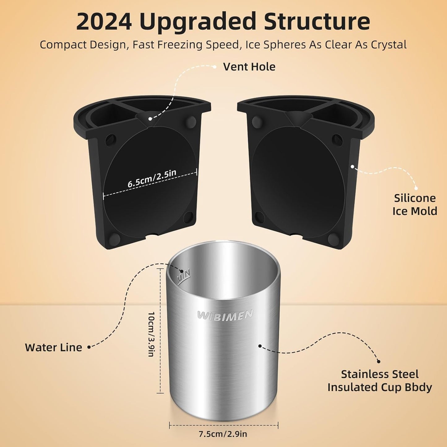 Clear Ice Cube Maker - 2.5" Ball - Stainless Steel Clear Ice Maker - Compact Design - for Old Fashioned Whiskey Gifts, Cocktail, Bourbon