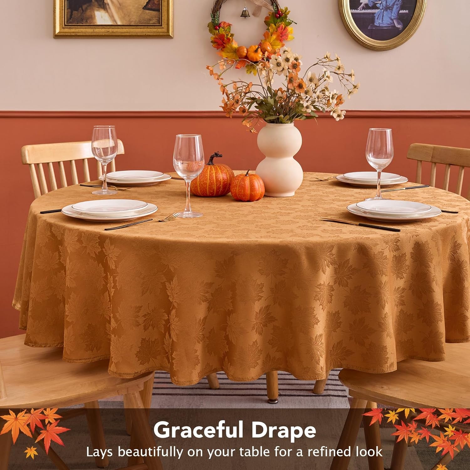 Fall round Tablecloth 60''-Amber Thanksgiving Autumn Harvest Gathering Jacquard Fabric Damask Table Cloth, Small Circle Folding Table Covers Kitchen Dinner Dining Picnic Holiday Parties