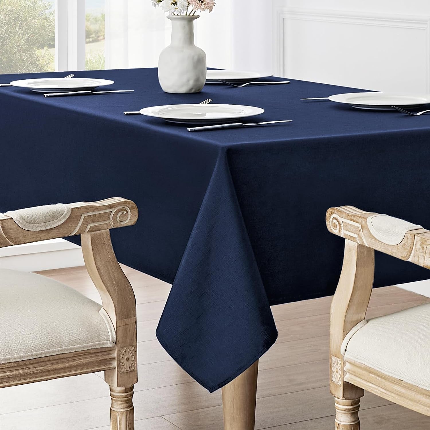 Rectangle Tablecloth Waterproof 52X70 Inch Linen Textured Table Cloth Stain and Wrinkle Resistant Washable, Decorative Fabric Table Cover for Dining, Party and Camping, Navy Blue