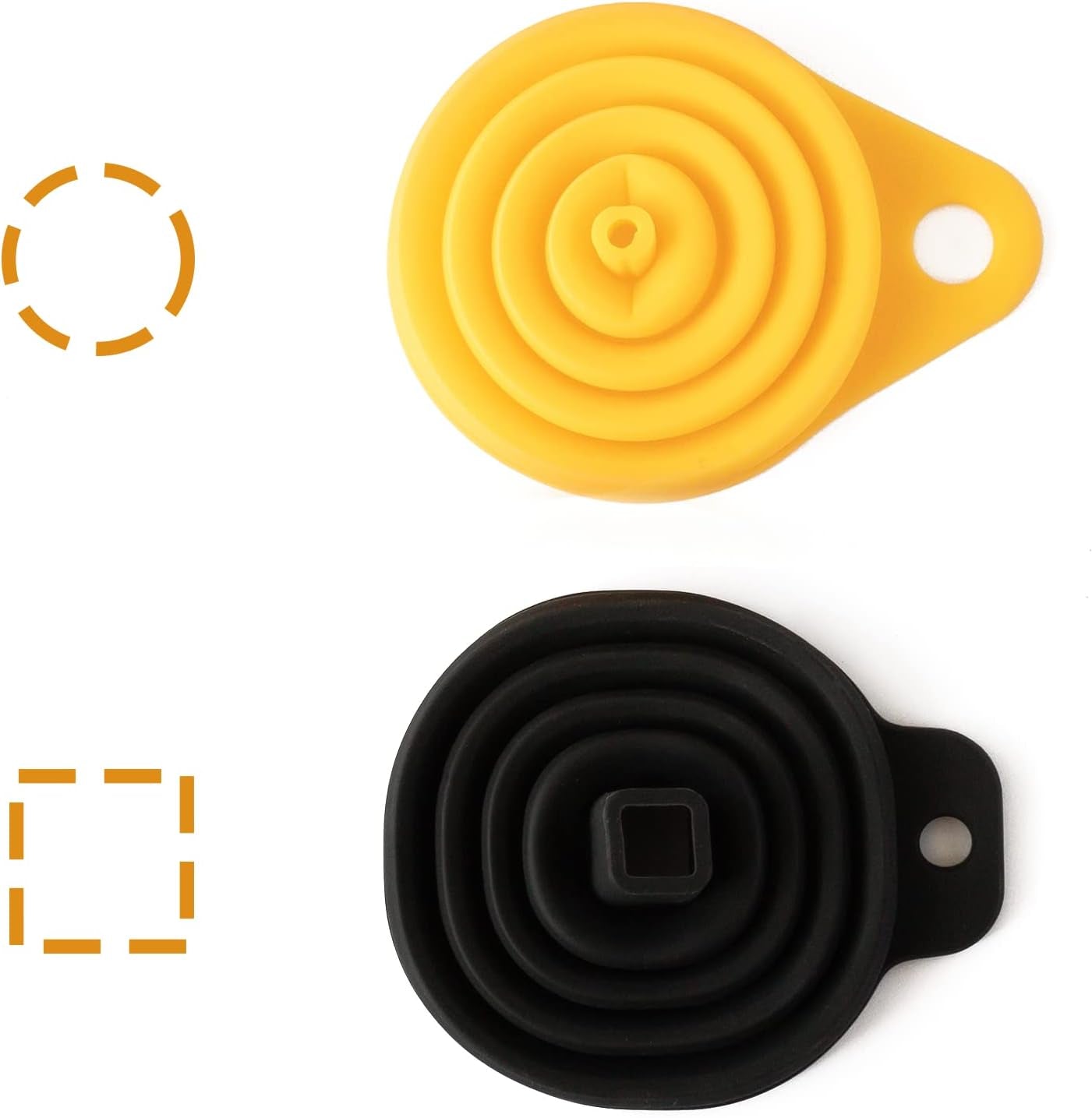 PRO Silicone Collapsible Funnel Set - Rounded & Squared Foldable Funnels - Food Grade, Dishwasher Safe - Set of 2 (Yellow, Black)
