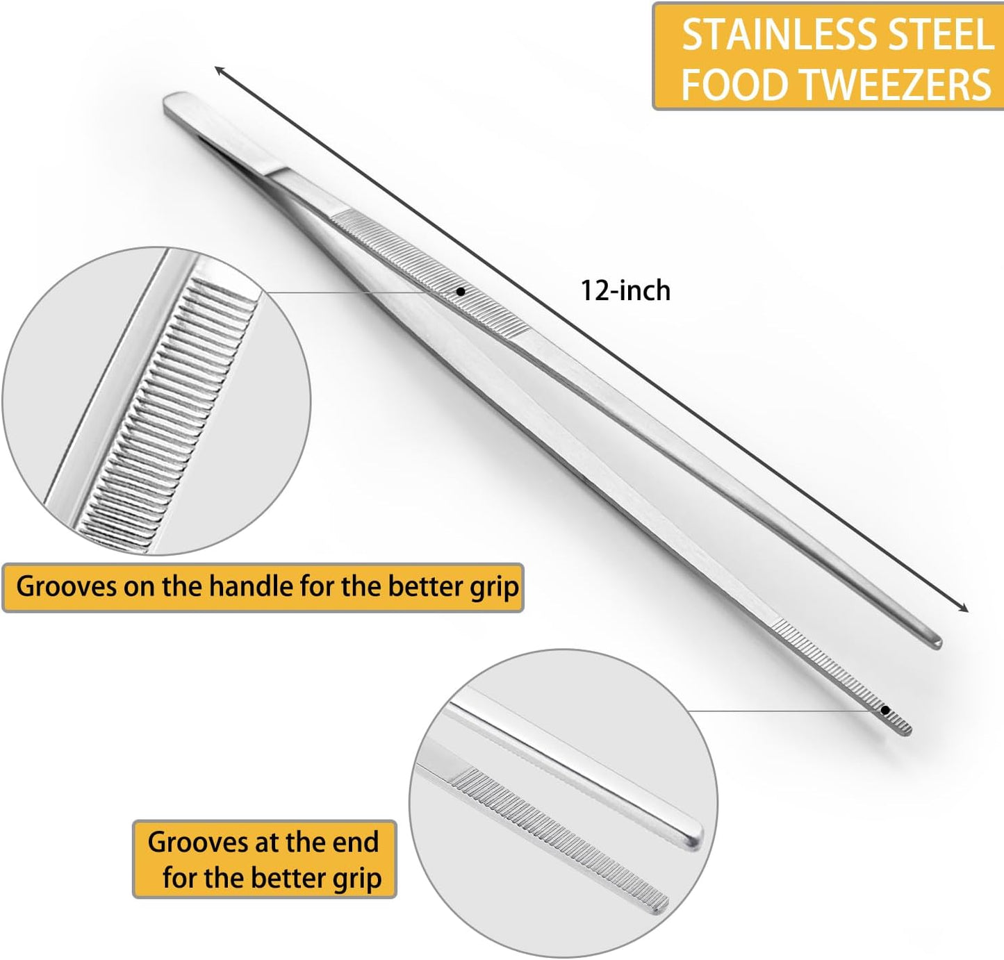 12 Inch Kitchen Tweezers Cooking Tweezer Tongs, Stainless Steel Food Tweezers Multi-Function Precision Serrated Tips Kitchen Serving Tong