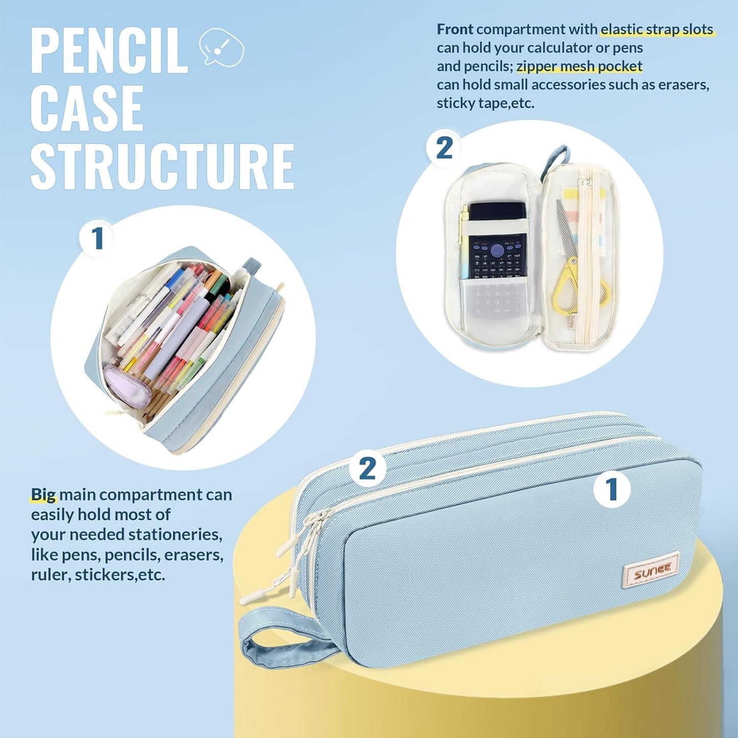 Pencil Case, Large Capacity Pencil Pouch, Aesthetic Pen Bag Office Stationery Organizer Simple Sturdy Multifunctional for Teen Girls Women Men, Blue