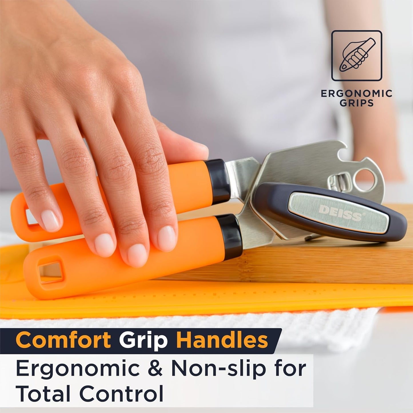 PRO Hand Held Can Opener – Smooth Edge Can Opener Manual & Bottle Opener, Heavy Duty Stainless Steel Can Openers, Effortless Turn Knob, Sharp Blade for Easy Cutting, Non-Slip Ergonomic Handle