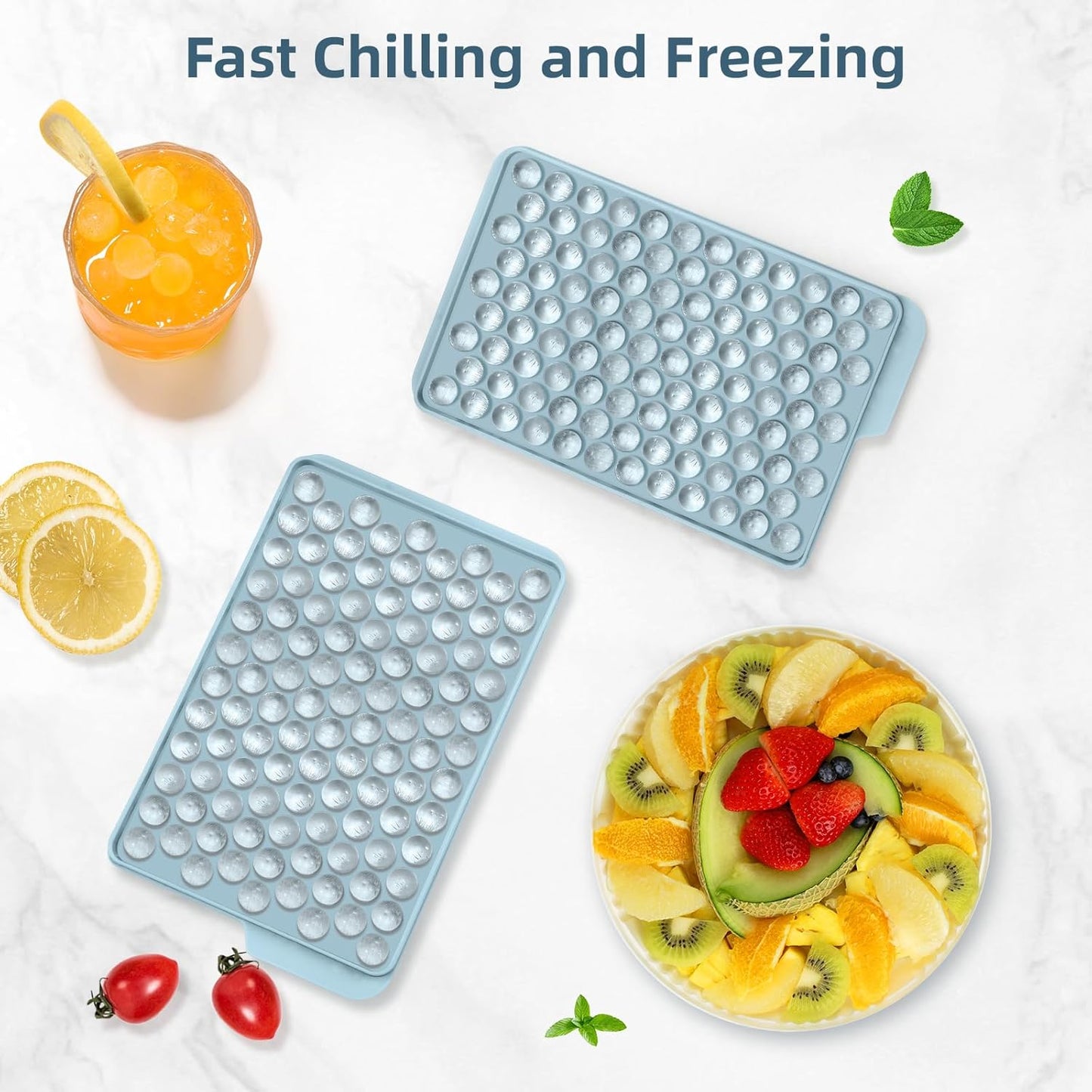 Mini Ice Cube Trays, Small Tiny round Pebble Crushed Nugget Ice Trays for Freezer with Lid - Chilling Drinks Coffee Juice(1 Pack/0.55In - Blue)