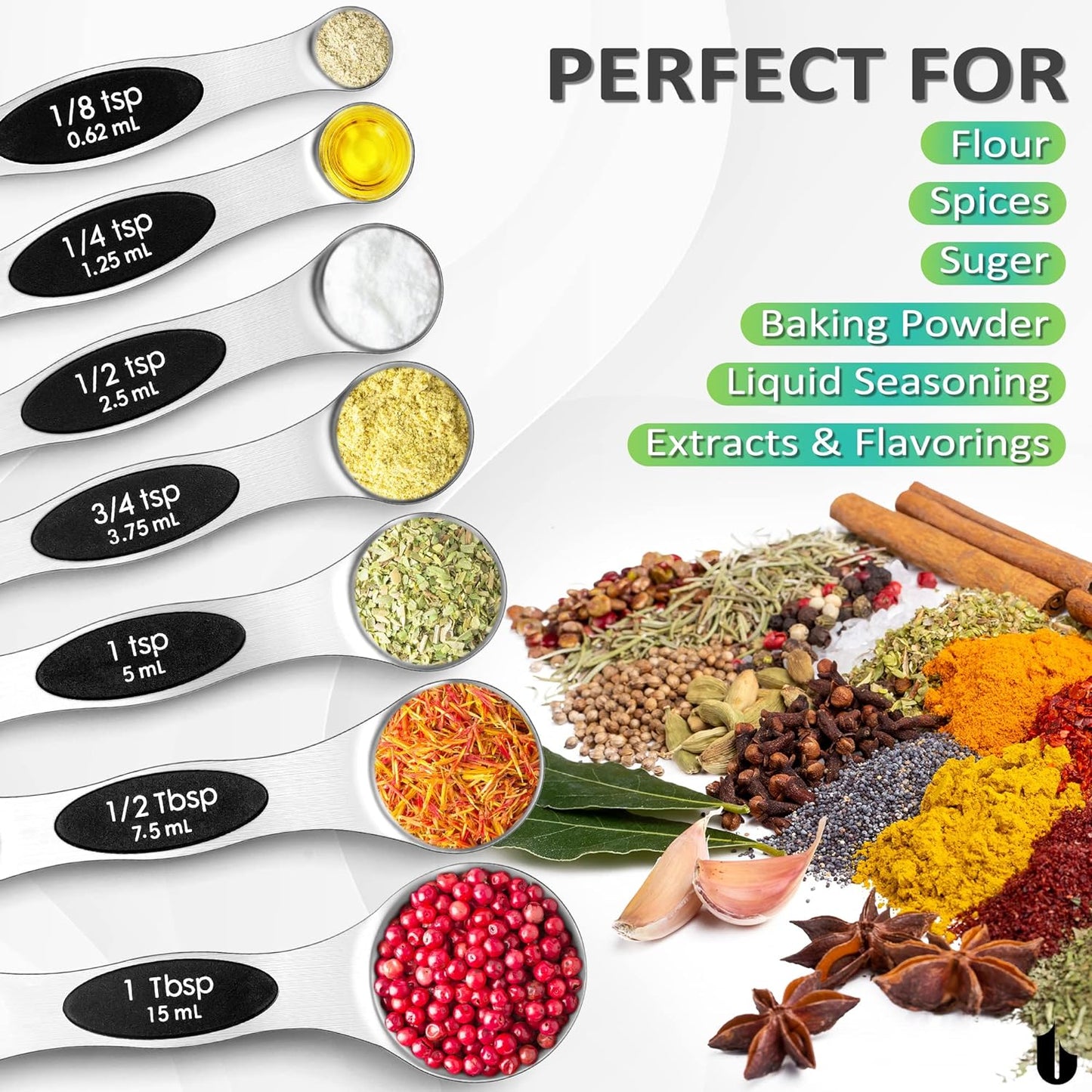 8 Pcs Upgraded Magnetic Measuring Spoons Set Stainless Steel Dual Sided for Liquid Dry Food Measuring Cups Spoons Set Fits in Spice Jar Kitchen Gadgets Including Leveler, Silver