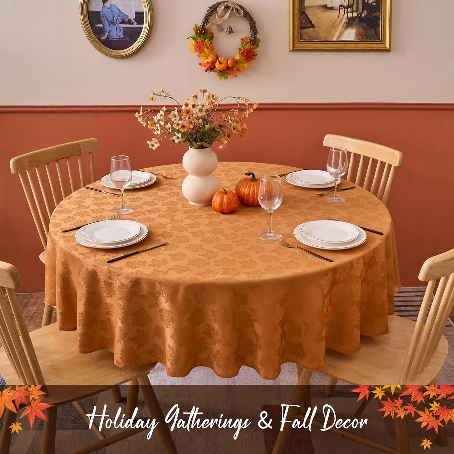 Fall round Tablecloth 60''-Amber Thanksgiving Autumn Harvest Gathering Jacquard Fabric Damask Table Cloth, Small Circle Folding Table Covers Kitchen Dinner Dining Picnic Holiday Parties