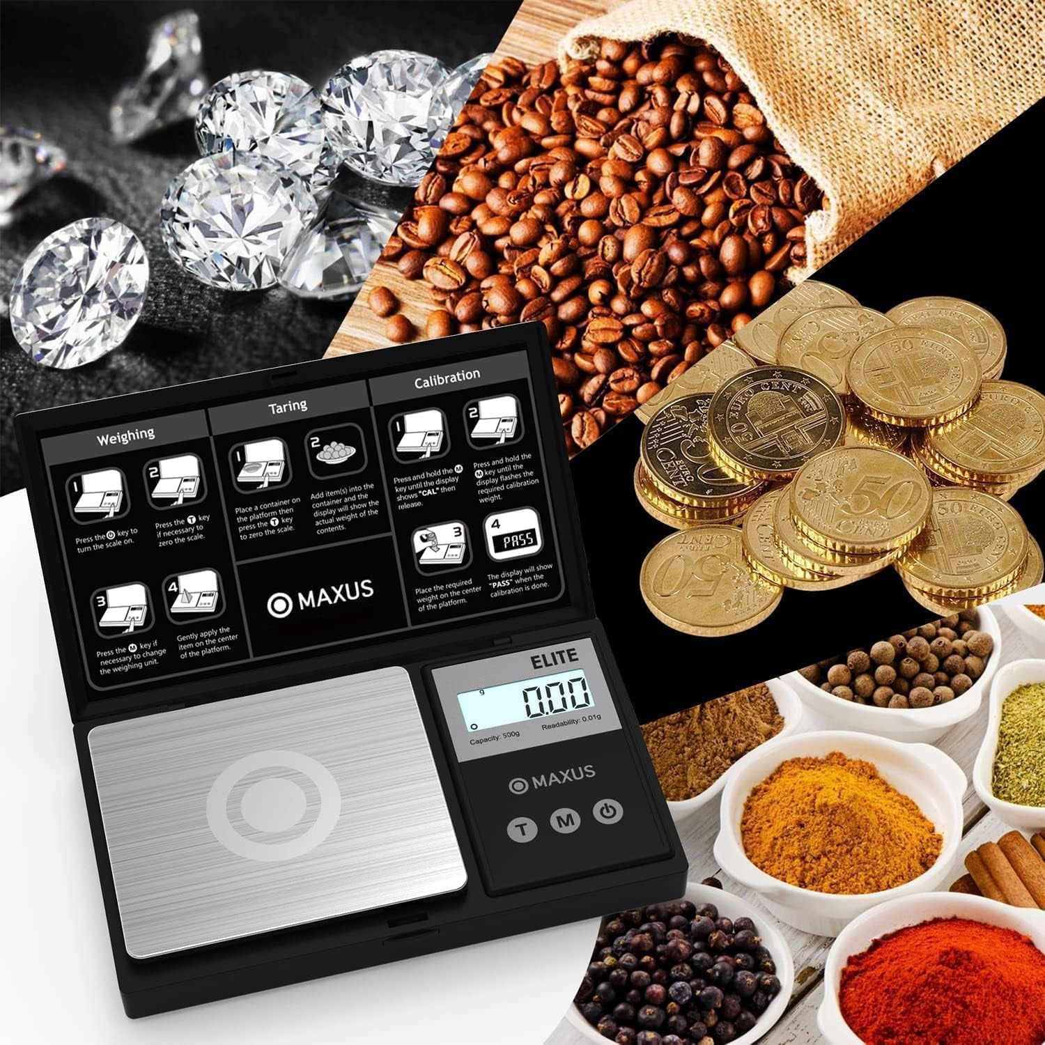 Digital Pocket Gram Scale 500G X 0.01G High Precision with Tray, Weighs Small Food, Jewelry, Ounces, Grains, LCD Display, Tare Function