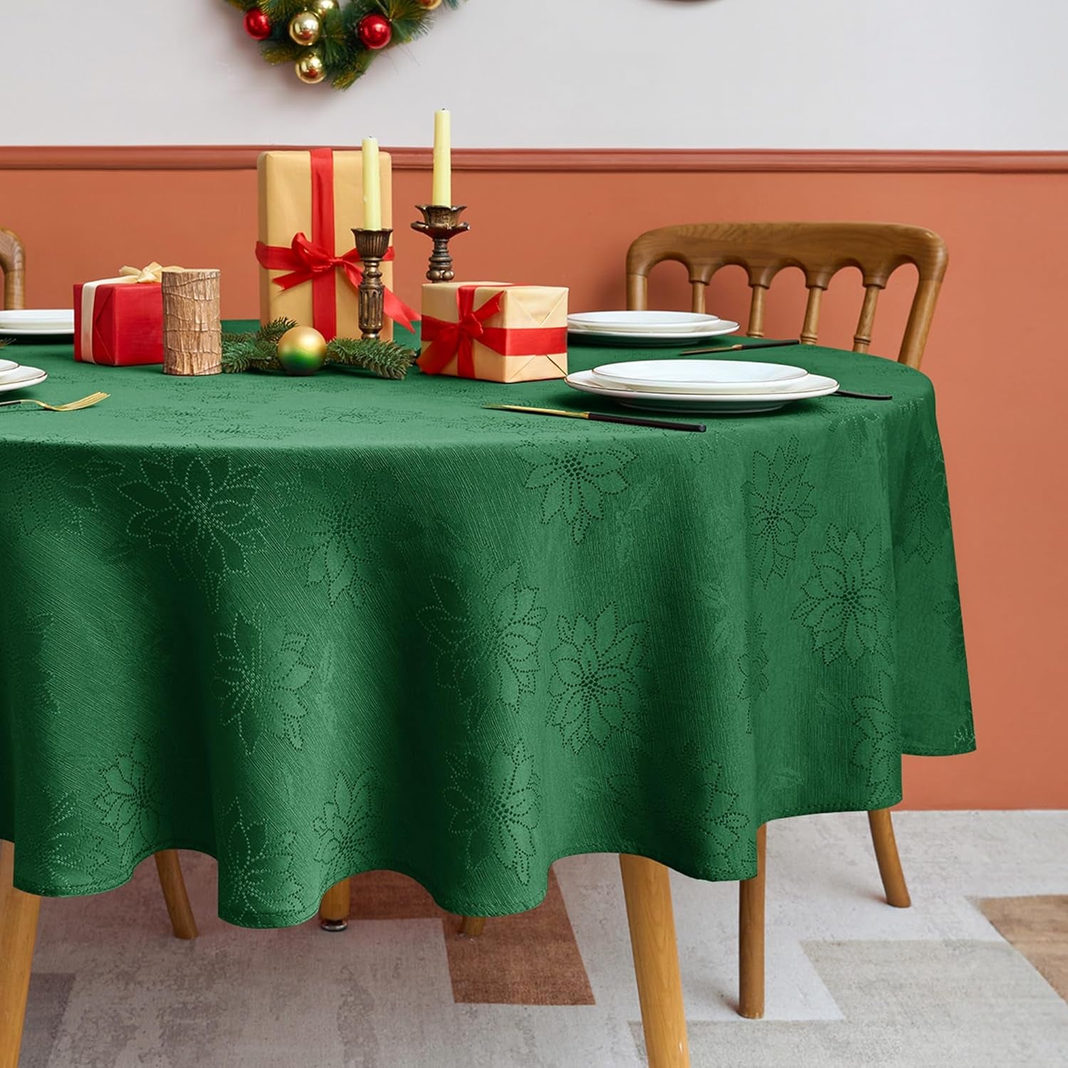 Christmas Hunter Green Tablecloth round 60 Inch-Fabric Xmas Holiday Winter Table Cloth-Jacquard Damask Poinsettia Modern Table Cover Small Circle Kitchen Dinner Dining Picnic Holiday Party