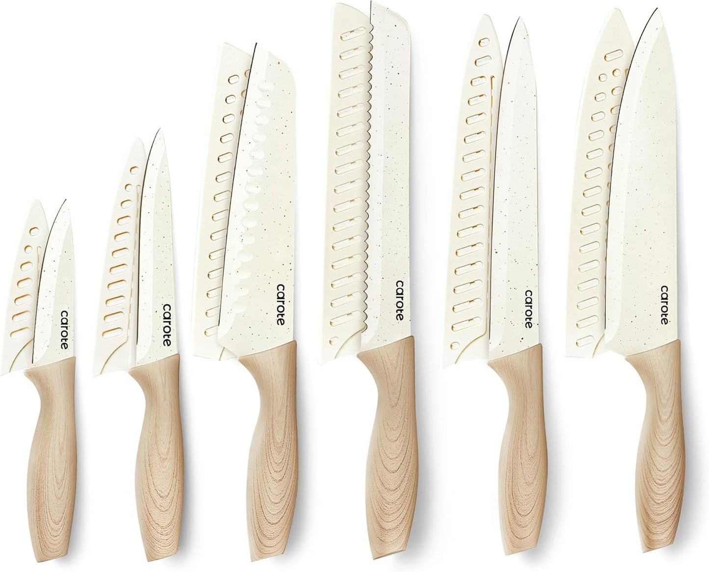 12PCS Knife Set with Blade Guards,Granite Nonstick Ceramic Coating,Stainless Steel Blade, Wood Grain Handle, Essential Knife Set,White