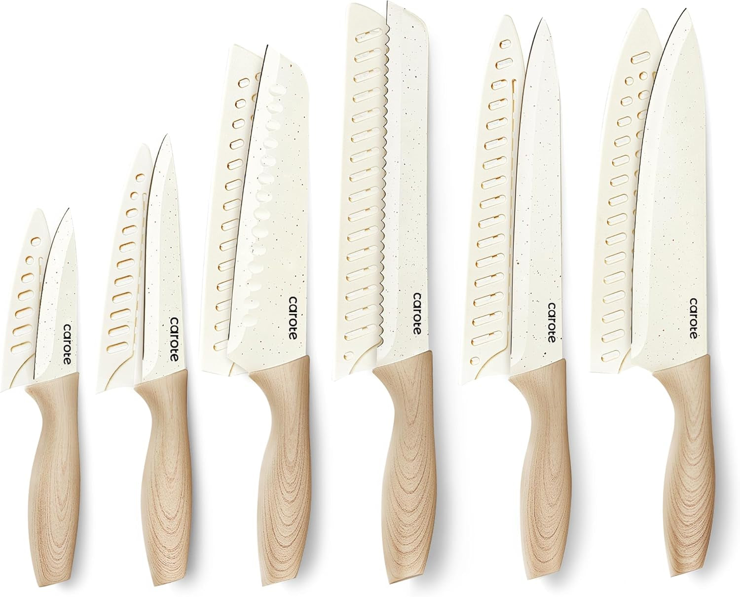 12PCS Knife Set with Blade Guards,Granite Nonstick Ceramic Coating,Stainless Steel Blade, Wood Grain Handle, Essential Knife Set,White