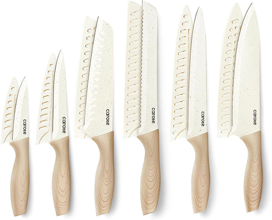 12PCS Knife Set with Blade Guards,Granite Nonstick Ceramic Coating,Stainless Steel Blade, Wood Grain Handle, Essential Knife Set,White