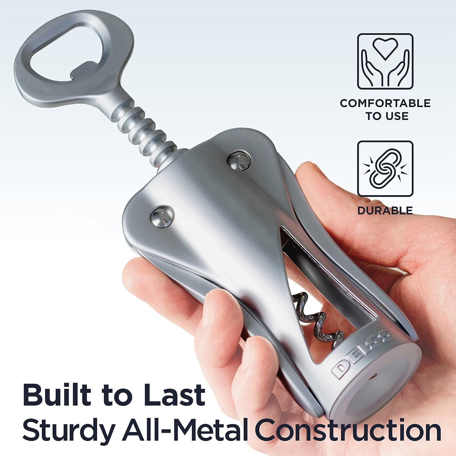 LUX Wine Opener, All-Metal Wing Corkscrew Wine Bottle Opener with Built-In Beer Bottle Opener - Ergonomic Cork Screw Wine Corker, Silver Matte Coating, Velvet Storage Pouch (SILVER)