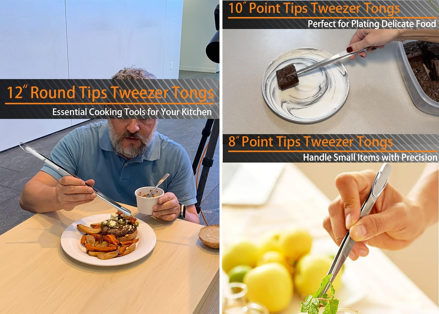 3 Pcs Kitchen Tweezers Tongs, Stainless Steel Cooking Tweezers, 8+10+12 Inch Ideal for Meat, Pasta, Plating and Pinching Delicate Small Pieces of Food (Silver)