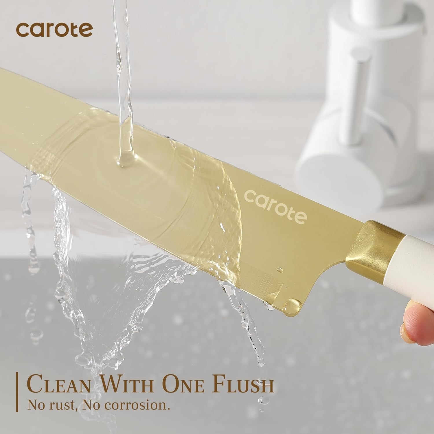 12PCS Kitchen Knife Set, Healthy Gold Titanium Coating Knife Set, Dishwasher Safe with 6 Blade Guards, Rustproof Stainless Steel Cutlery Set, White and Gold