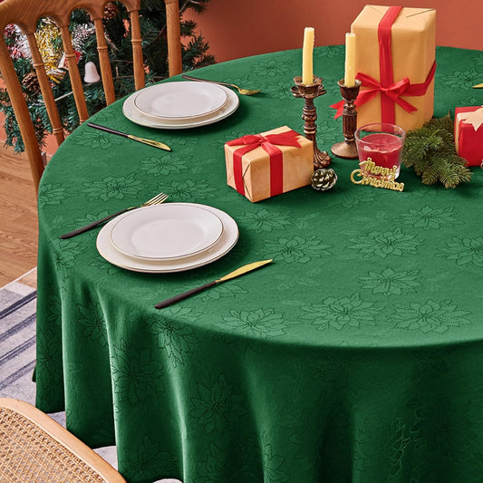 Christmas Hunter Green Tablecloth round 60 Inch-Fabric Xmas Holiday Winter Table Cloth-Jacquard Damask Poinsettia Modern Table Cover Small Circle Kitchen Dinner Dining Picnic Holiday Party