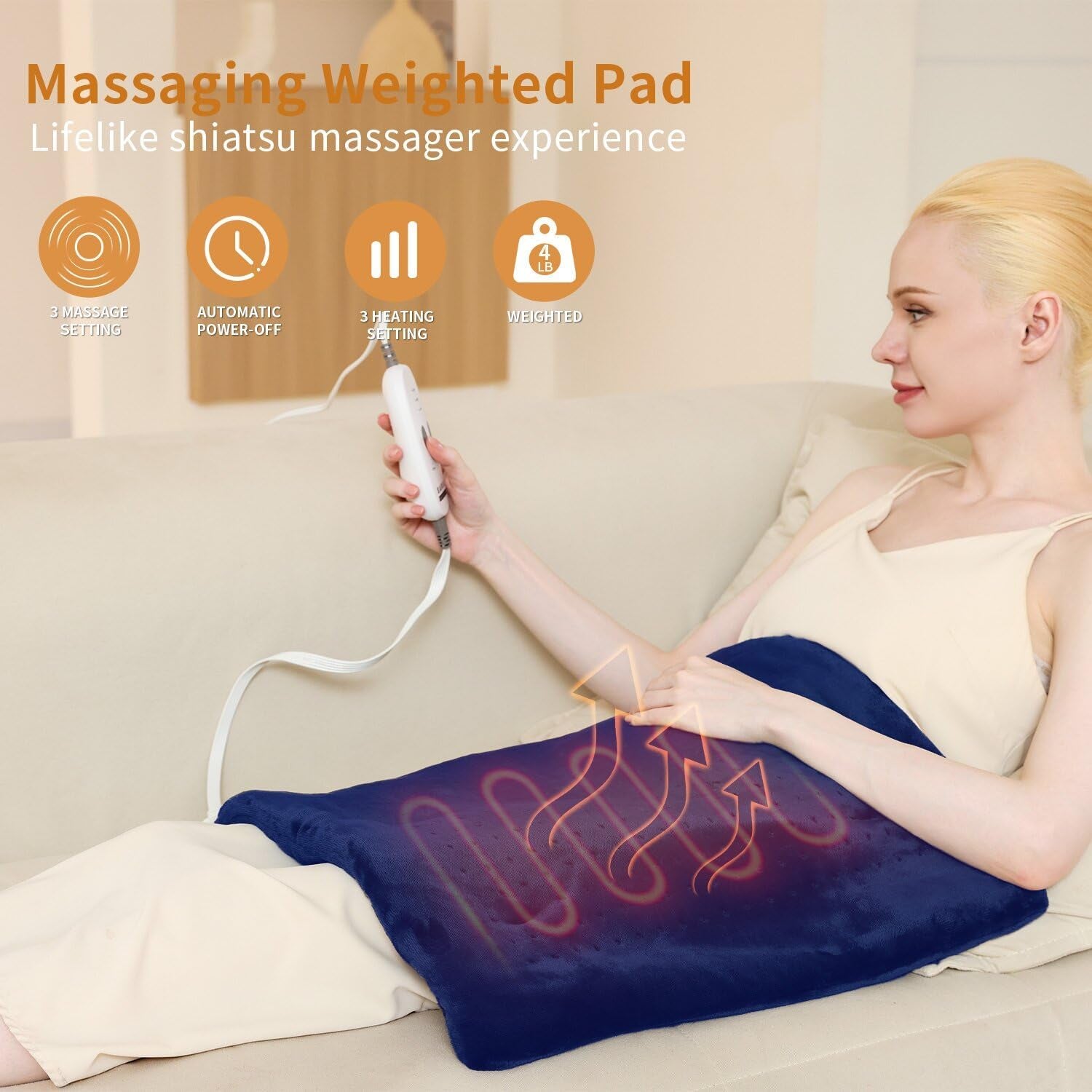 Massaging Weighted Heating Pad for Back Pain Relief,Heating Pads for Neck, Shoulder,Cramp,Portable Heated Pad with 3 Heat Settings & 6 Massage,18 Relaxing Combinations,Auto Off,12"*24",Dark Blue