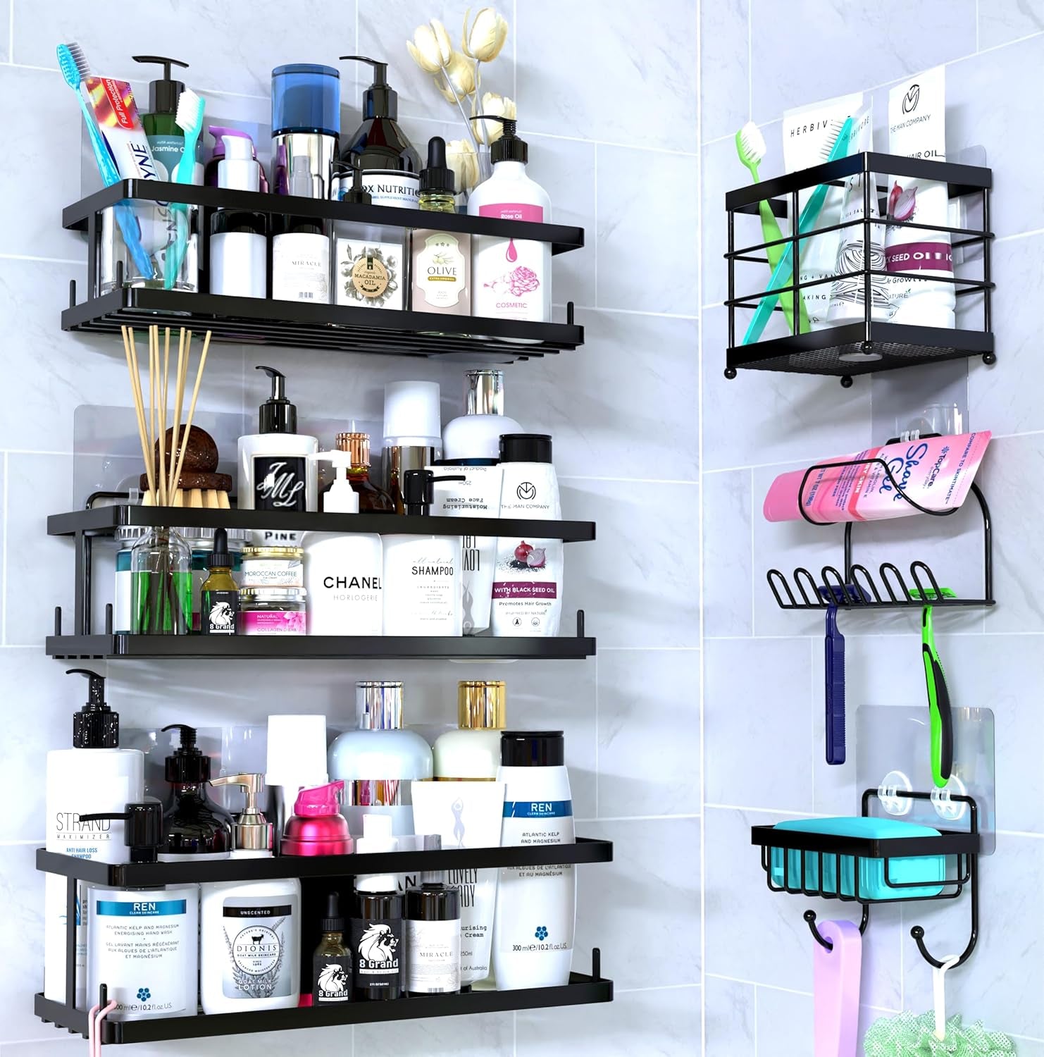 Set of 6 Bathroom Essentials Black Suction Cup Shower Caddy with Shower Baskets, Hooks, Razor Toothbrush Holder, and Soap Dish for inside Shower Storage