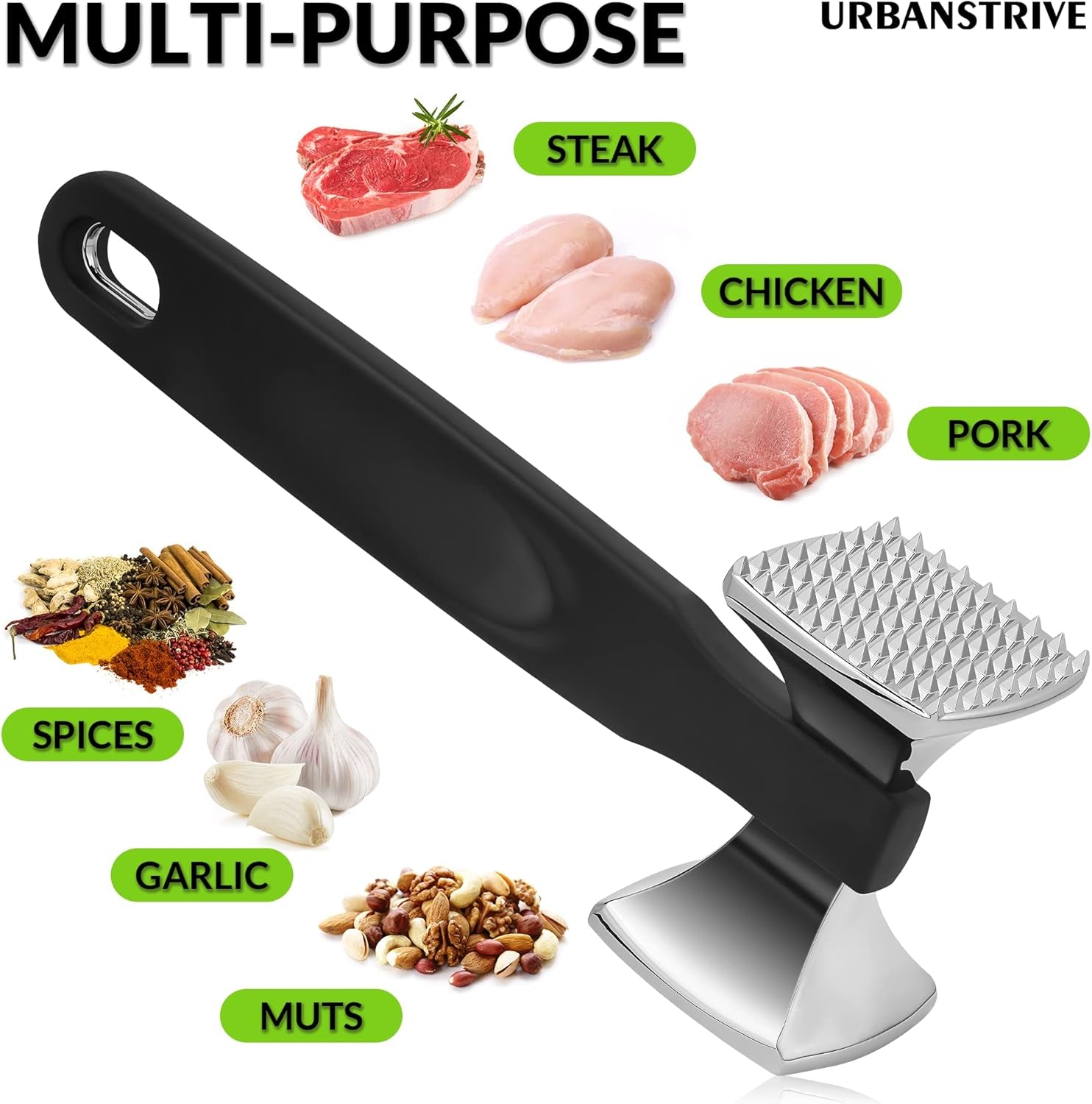 Premium Heavy Duty Meat Tenderizer Hammer, Stainless Steel Meat Mallet Tenderizer, Dual-Sided Meat Hammer Tenderizer, Meat Pounder Kitchen Mallet for Beef, Chicken Pounder, Black