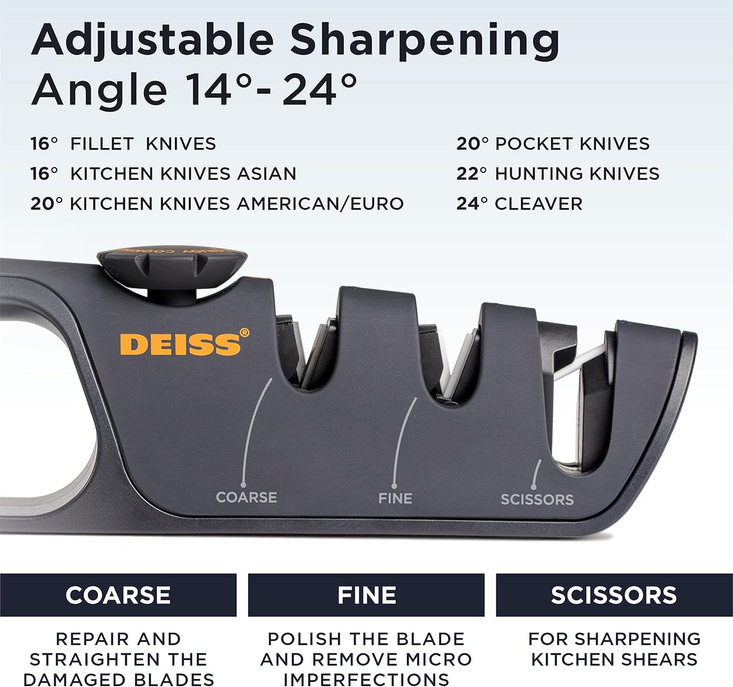 PRO Knife Sharpener with Adjustable Angle Knob - Handheld Manual Knife Sharpeners for Kitchen Knives, Scissors Sharpener, Pocket Knife Sharpener - Repair, Restore, Polish Blades, Non-Slip Grip