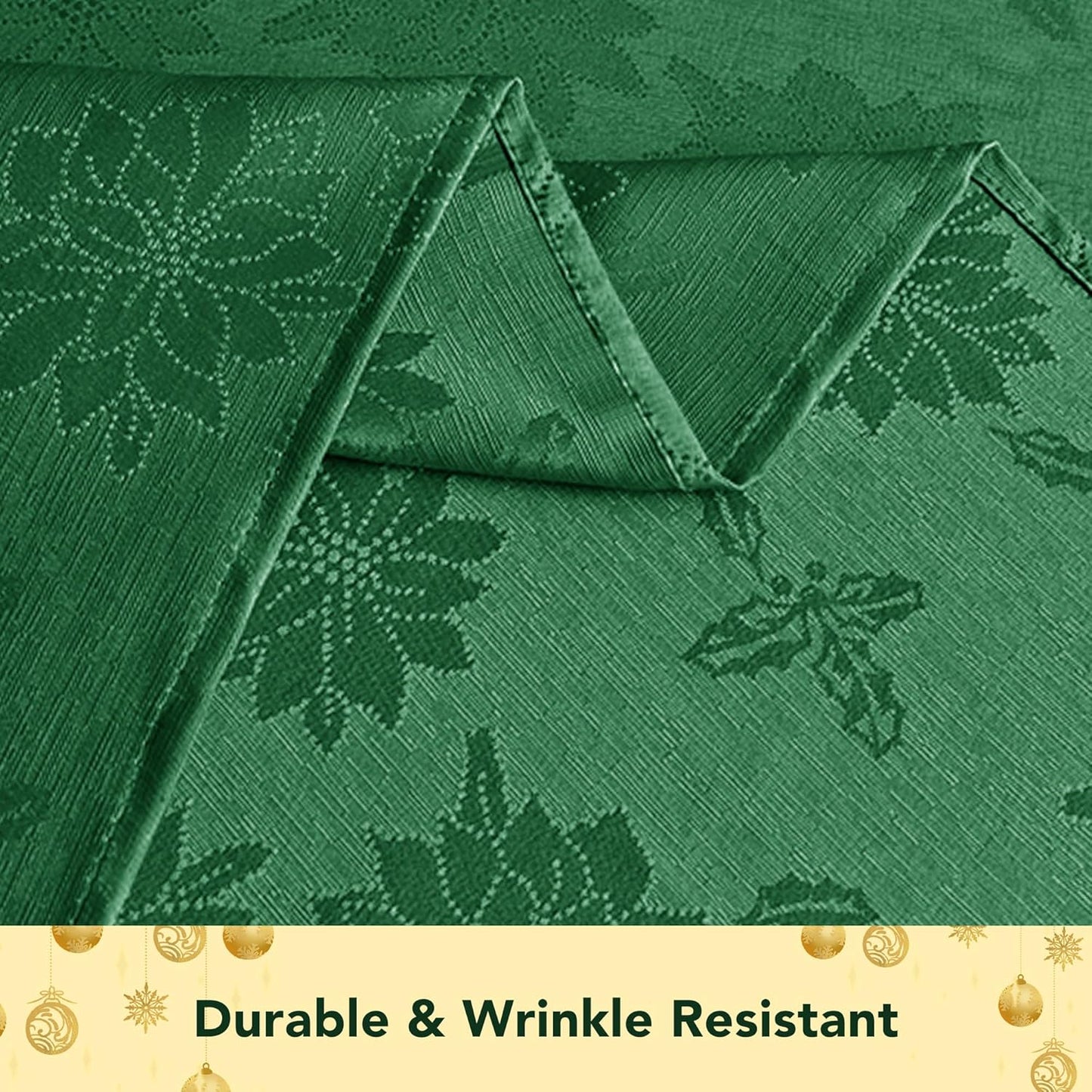 Christmas Hunter Green Tablecloth round 60 Inch-Fabric Xmas Holiday Winter Table Cloth-Jacquard Damask Poinsettia Modern Table Cover Small Circle Kitchen Dinner Dining Picnic Holiday Party