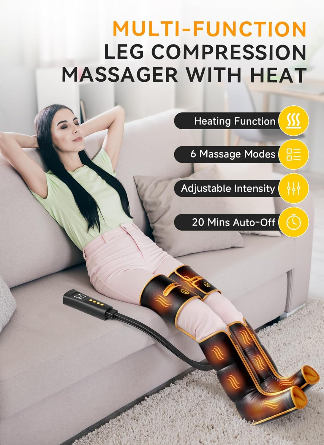 Leg Massager with Heat and Compression, Foot Calf & Thigh Massage for Circulation and Pain Relief, Leg Compression Massager with Handheld Controller 3 Intensities 6 Modes