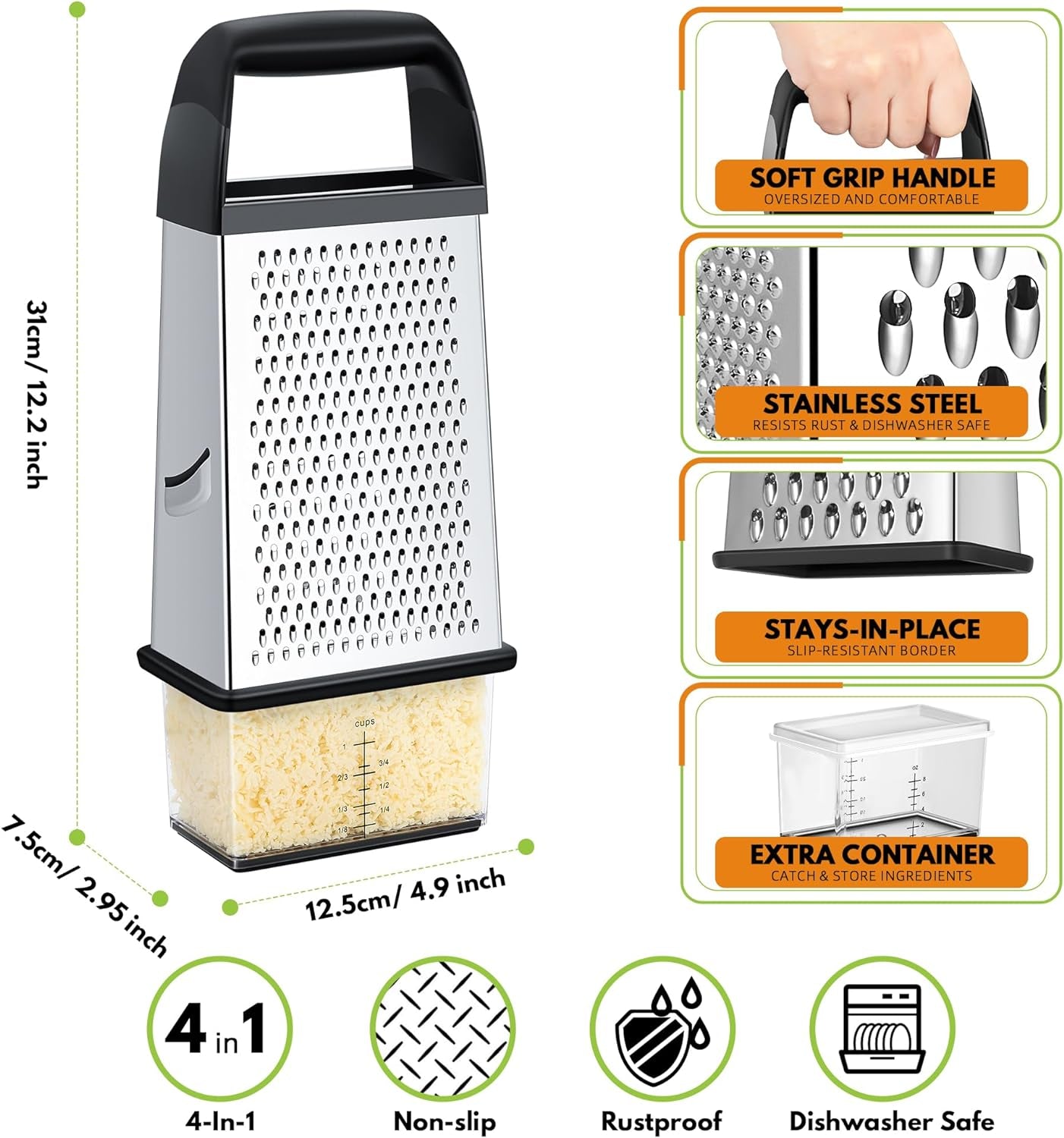 Cheese Grater with Container Box Grater Stainless Steel Graters for Kitchen Cheese Shredder Parmesan Shredder Kitchen Gadgets Kitchen Tools Kitchen Gifts for Chef Dishwasher Safe Zester