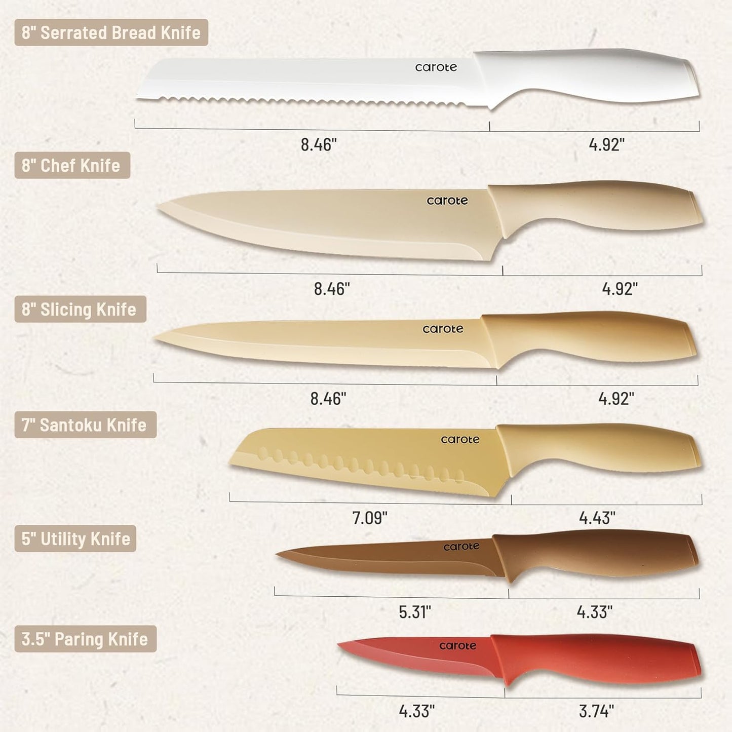 12 Pieces Kitchen Knife Set, Stainless Steel Knife Set with Nonstick Ceramic Coating, Dishwasher Safe with 6 Blade Guards, Rustproof, Brown