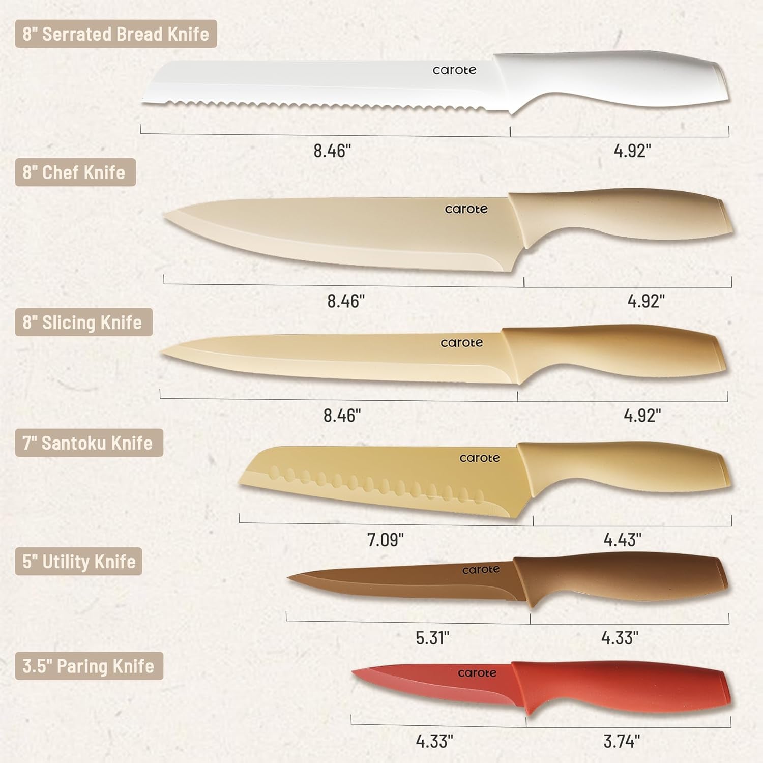 12 Pieces Kitchen Knife Set, Stainless Steel Knife Set with Nonstick Ceramic Coating, Dishwasher Safe with 6 Blade Guards, Rustproof, Brown