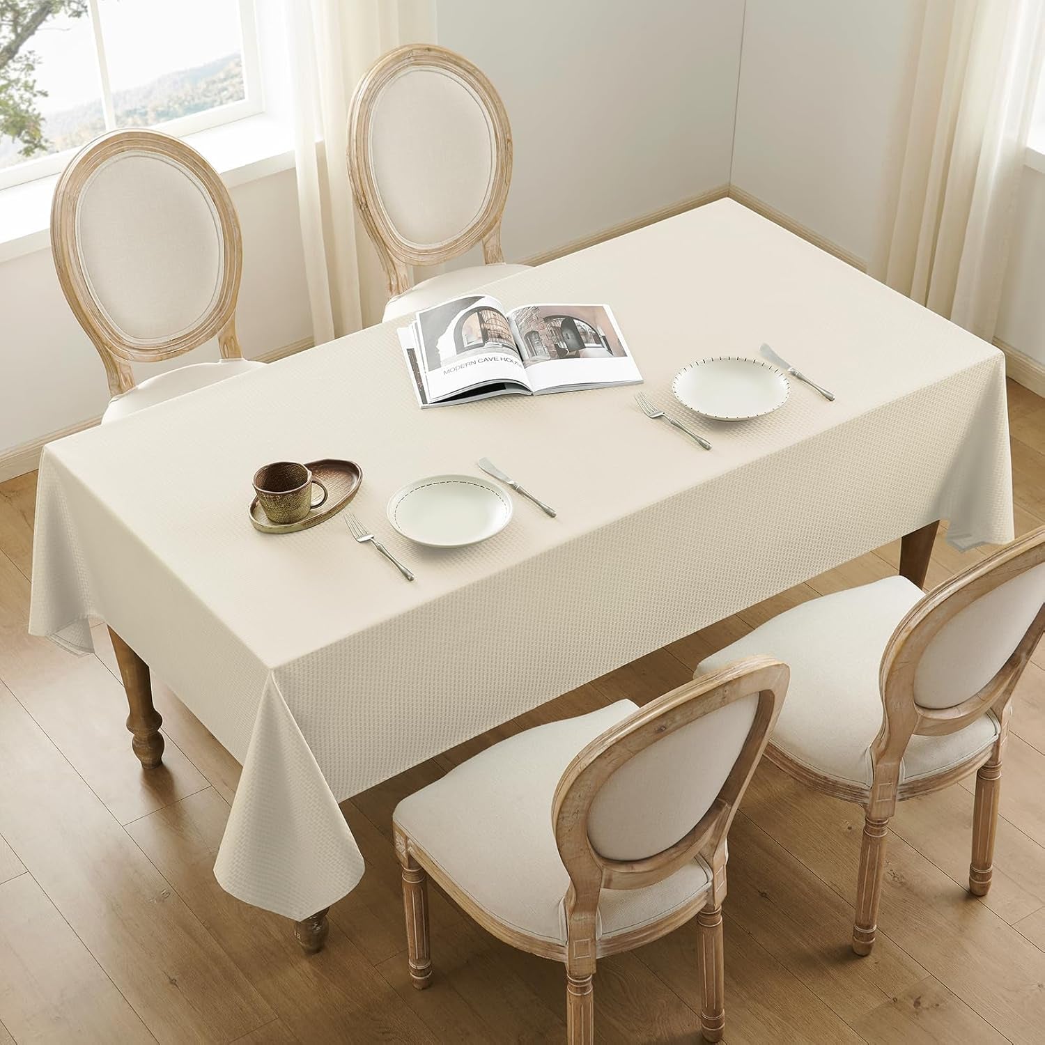 Rectangle Tablecloth Weaved Textured Water Resistant Spill Proof Table Cloth, Decorative Fabric Wrinkle Free Table Cover for Events and Dinner, 60 X 84 Inch, Ivory