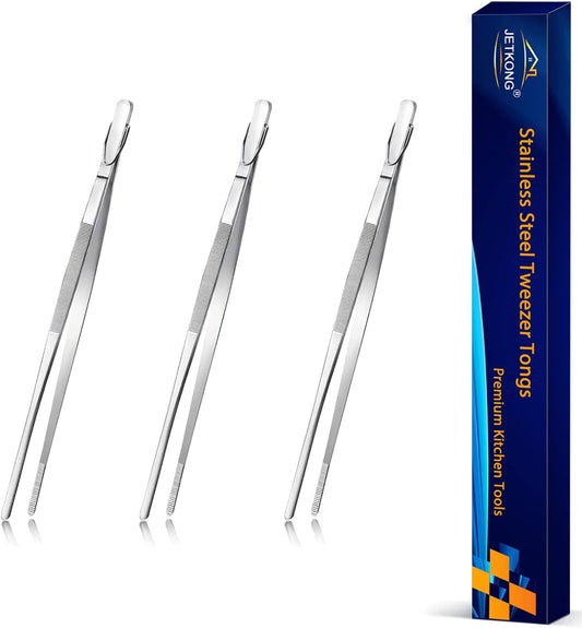 7 Inch Tweezers Tongs Mini Kitchen Food Tweezers Small Cooking Thin Tongs, Set of 3 (7 7 7 Inch, Silver)