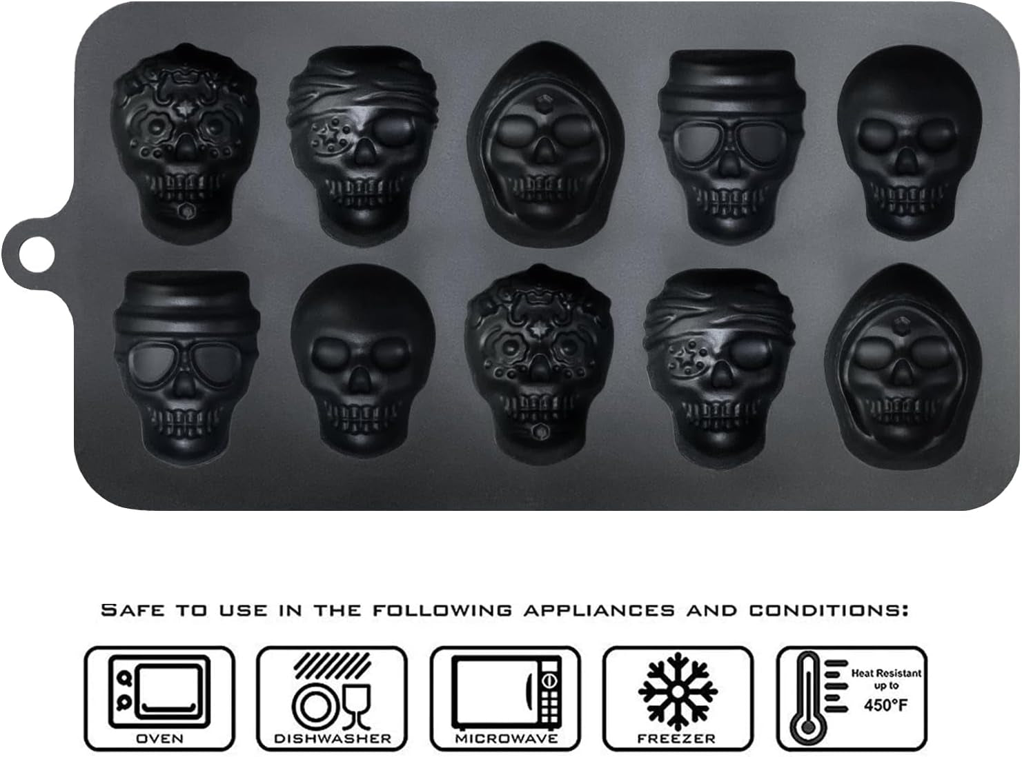 10 Cavity Skull Chocolate Molds Silicone Skull Candy Mold for Jelly Crayon Resin, Pack of 2 (Black)