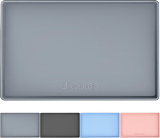 19” X 12” Heavy Duty Waterproof Silicone Mat with Raised Edge, BPA Free Non-Slip Dog & Cat Food Mat, Feeding Mat for Food and Water Bowls, Spill Proof Mat to Protect Floors, Gray