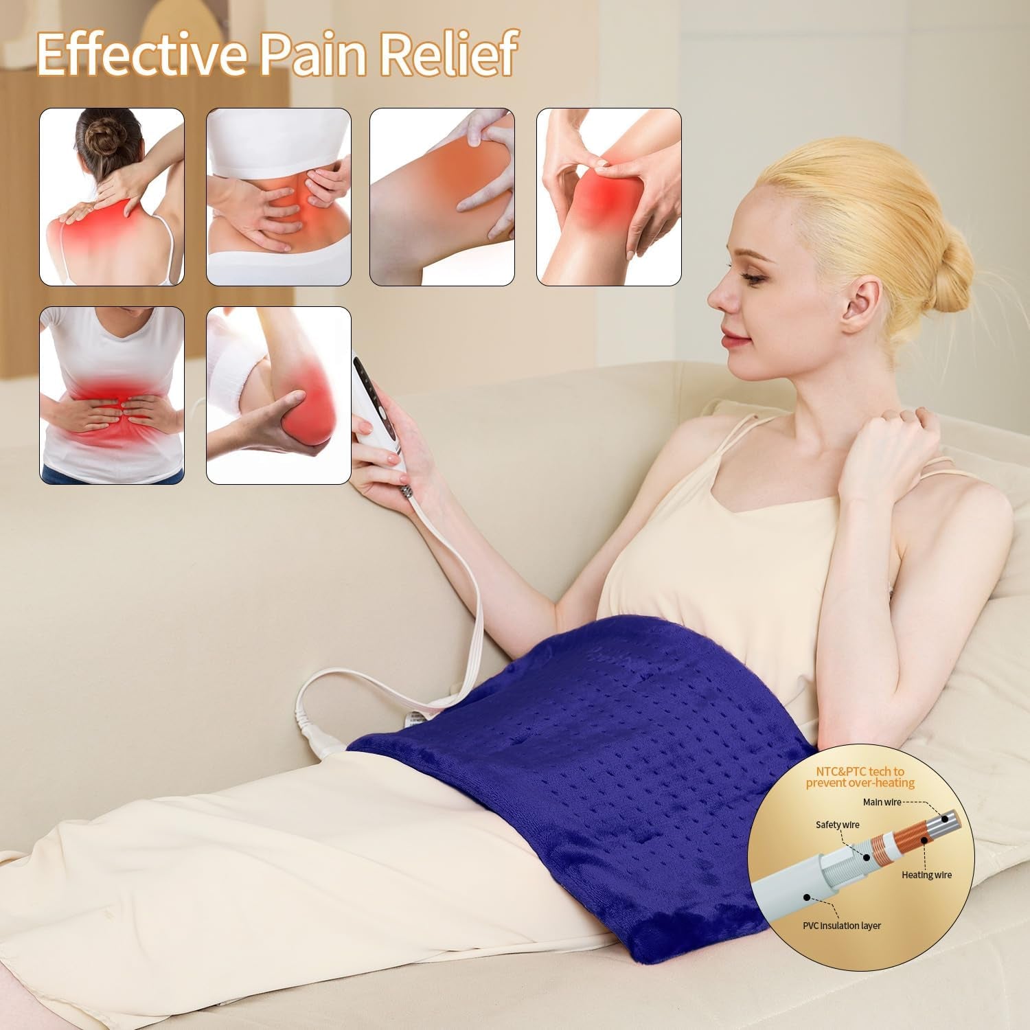 Massaging Weighted Heating Pad for Back Pain Relief,Heating Pads for Neck, Shoulder,Cramp,Portable Heated Pad with 3 Heat Settings & 6 Massage,18 Relaxing Combinations,Auto Off,12"*24",Dark Blue