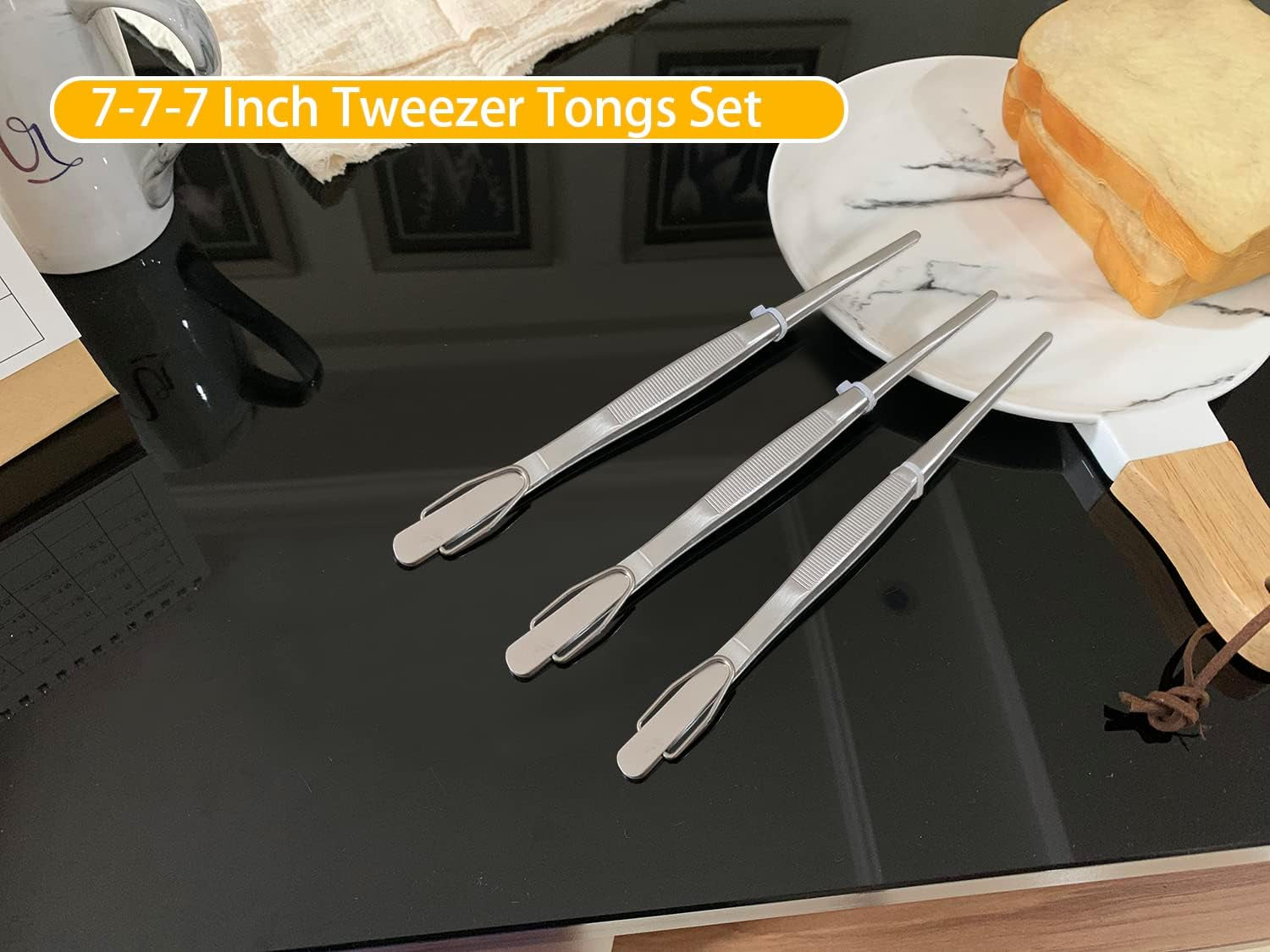 7 Inch Tweezers Tongs Mini Kitchen Food Tweezers Small Cooking Thin Tongs, Set of 3 (7 7 7 Inch, Silver)