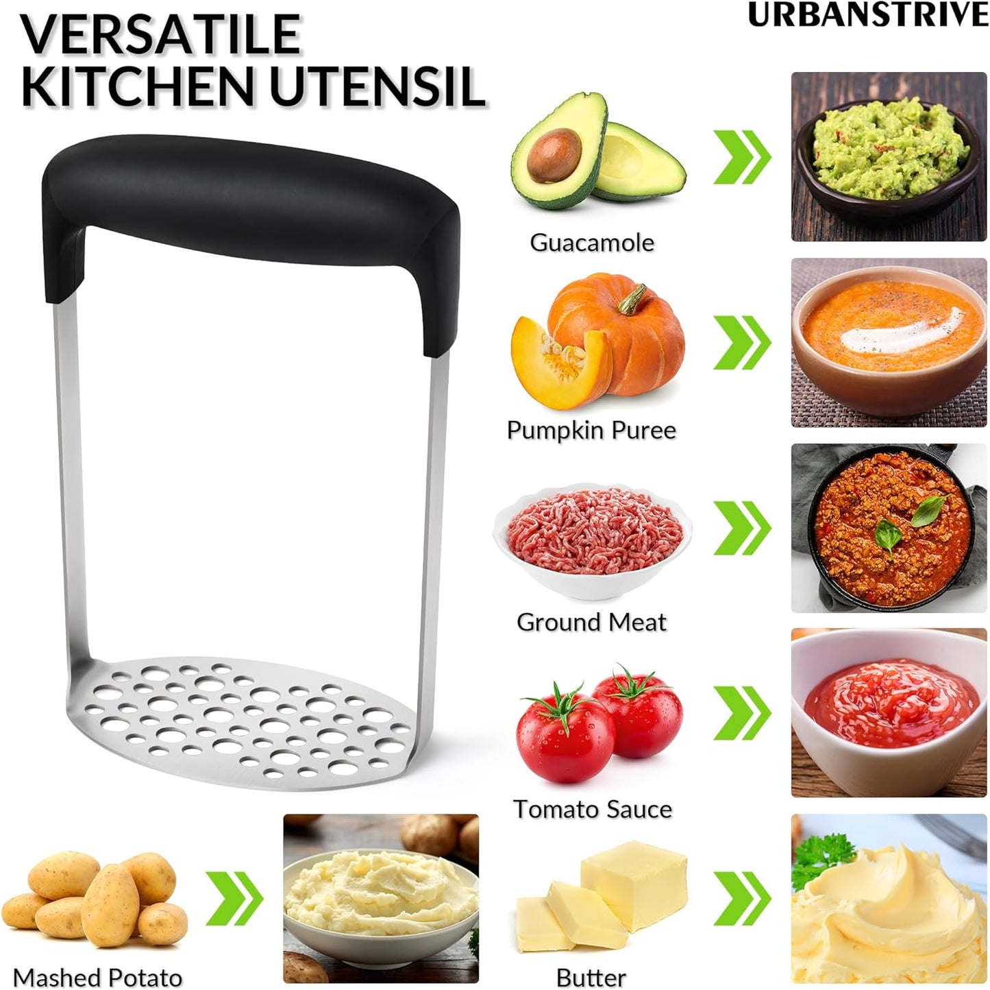 Upgraded Potato Masher, Durable Non-Break Handle, Rust-Proof, Dishwasher Safe, Heavy Duty 304 Stainless Steel, Kitchen Gadgets Gifts, Black