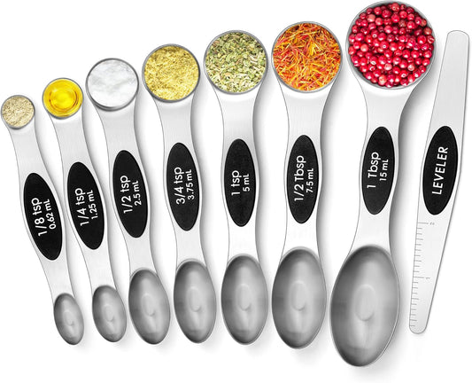 8 Pcs Upgraded Magnetic Measuring Spoons Set Stainless Steel Dual Sided for Liquid Dry Food Measuring Cups Spoons Set Fits in Spice Jar Kitchen Gadgets Including Leveler, Silver